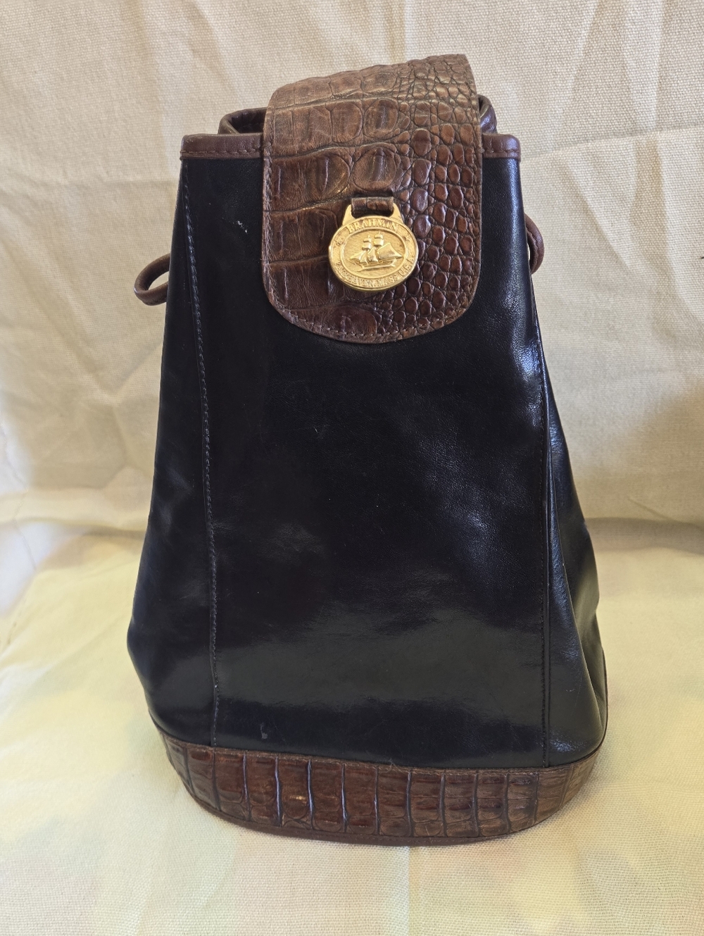 Black and Brown Leather Backpack Purse with Gold Medallion Accent